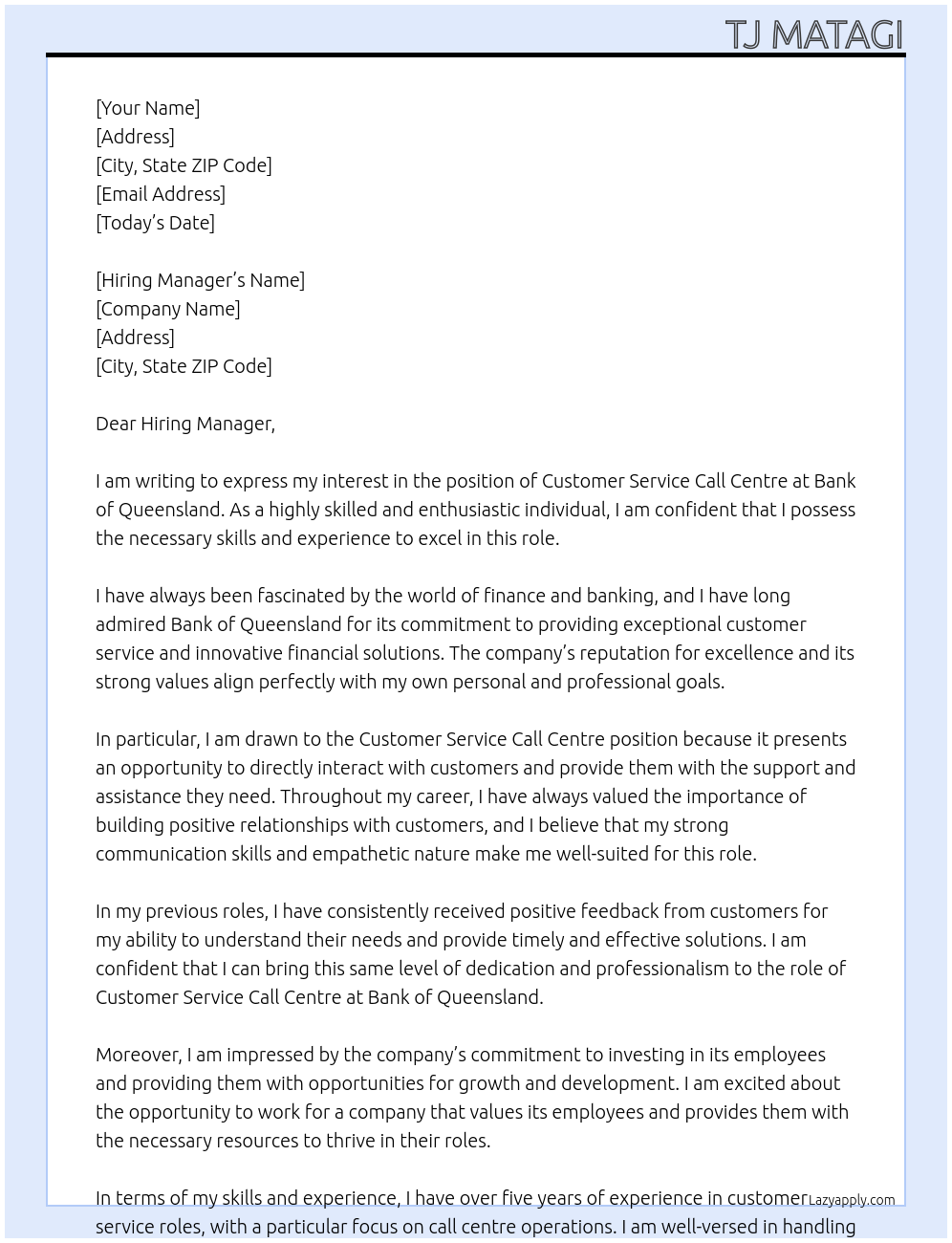 Customer service call centre At Bank of Queensland Cover Letter