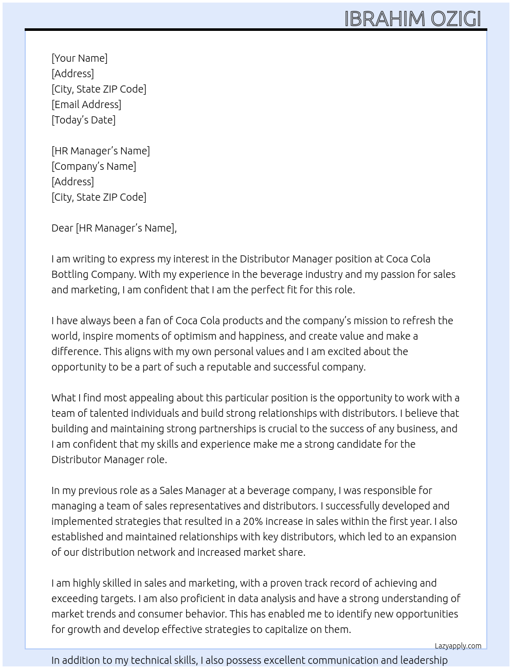 Distributor Manager  At Coca cola bottling Company  Cover Letter