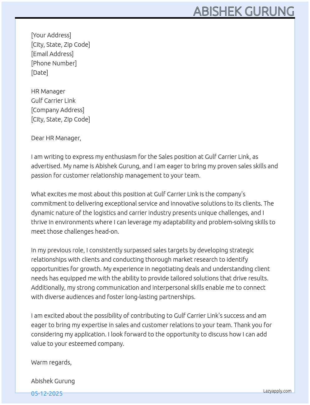 Sales At Gulf carrier link Cover Letter