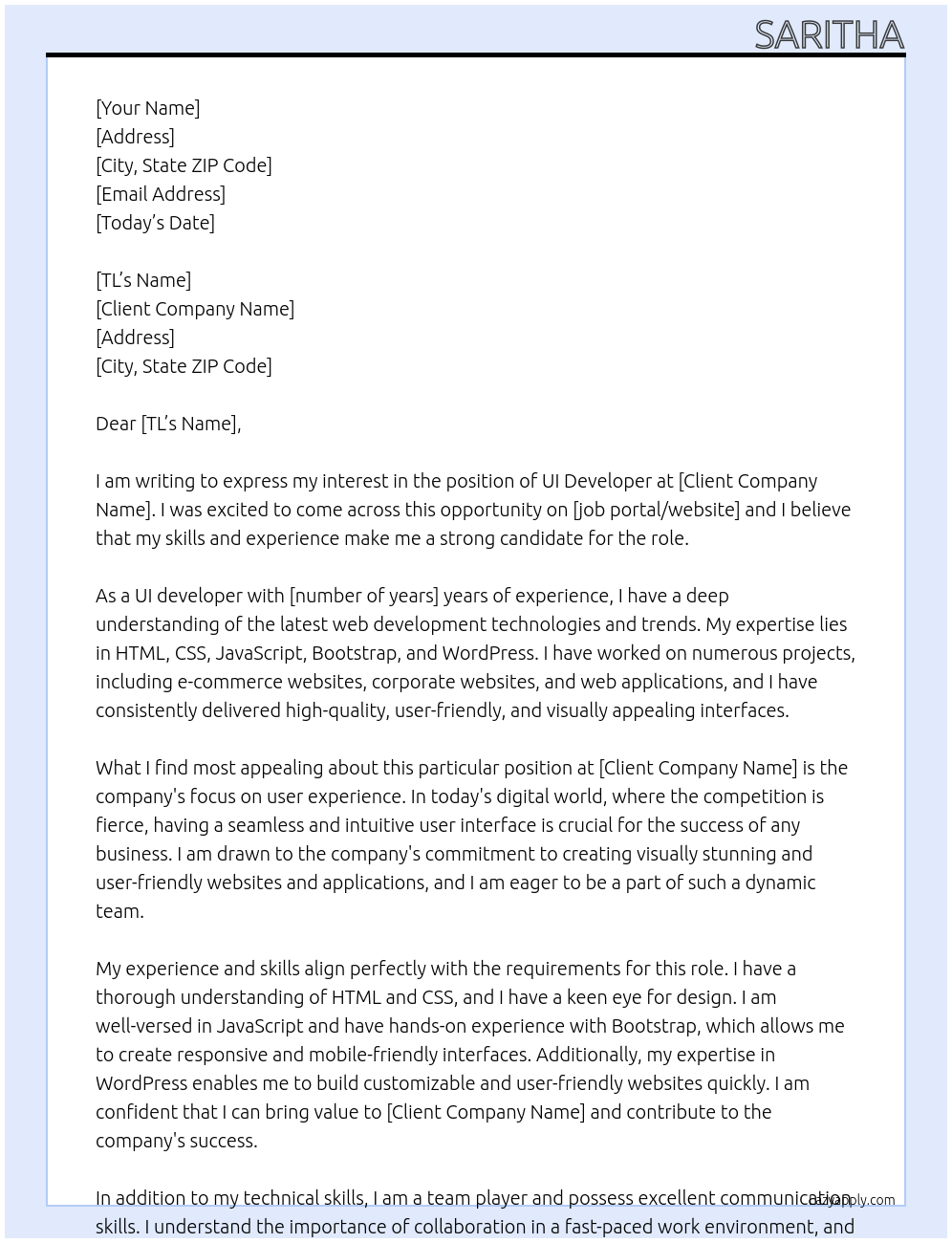 UI developer At client Cover Letter