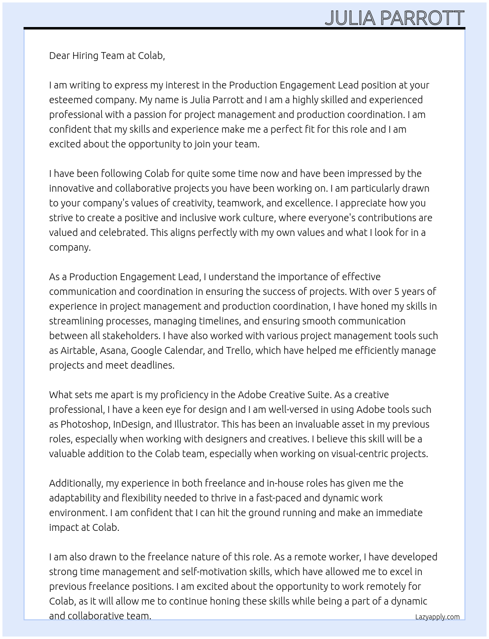 Production Engagement Lead At Colab Cover Letter