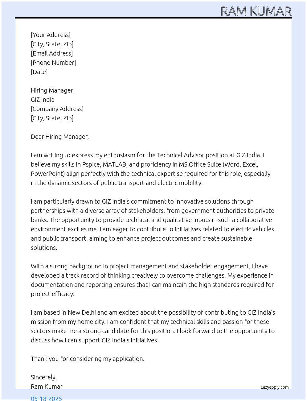 Cover letter for technical advisor - LazyApply