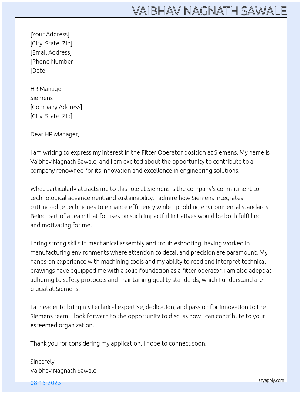 Fitter operator At Siemens Cover Letter