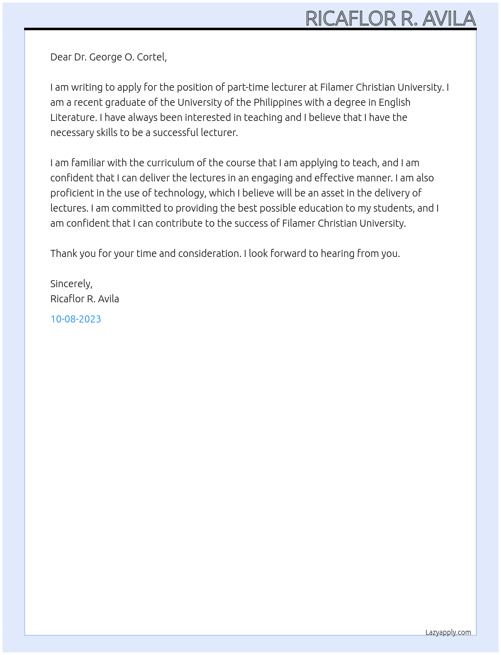 part-time lecturer At Filamer Christian University Cover Letter