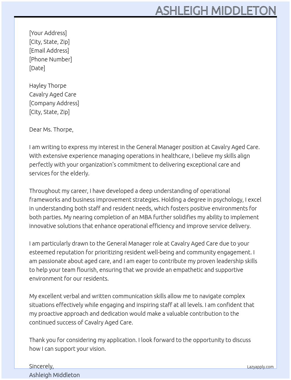 General Manager At Cavalry Aged Care Cover Letter