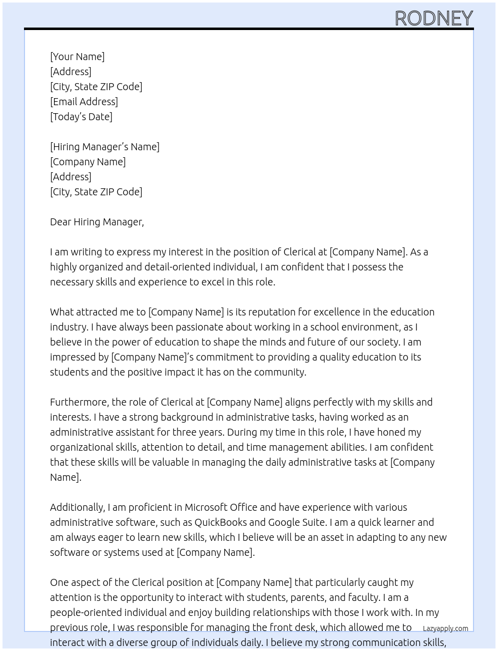 clerical At School  Cover Letter