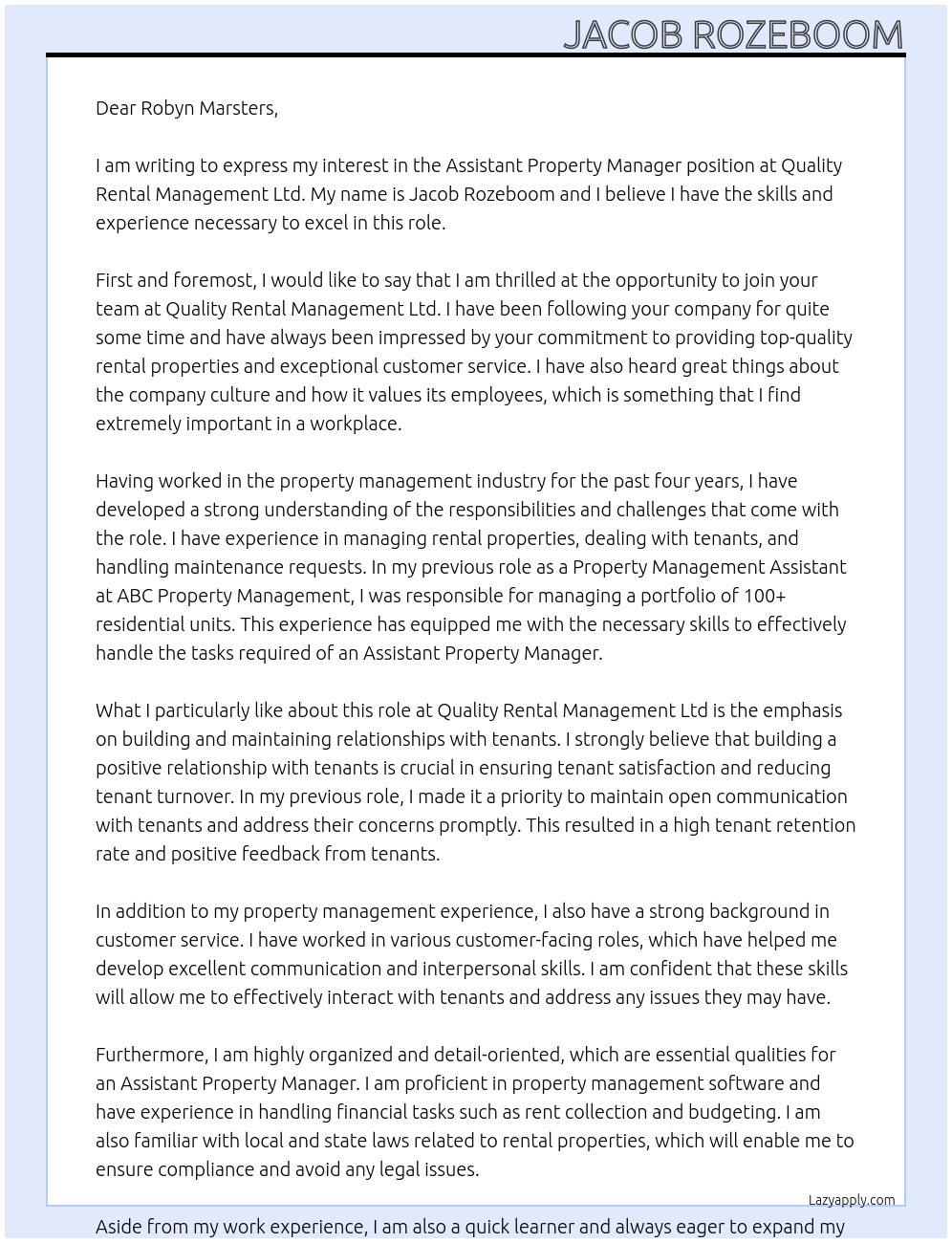 Assistant Property Manager At Quality Rental Management ltd Cover Letter