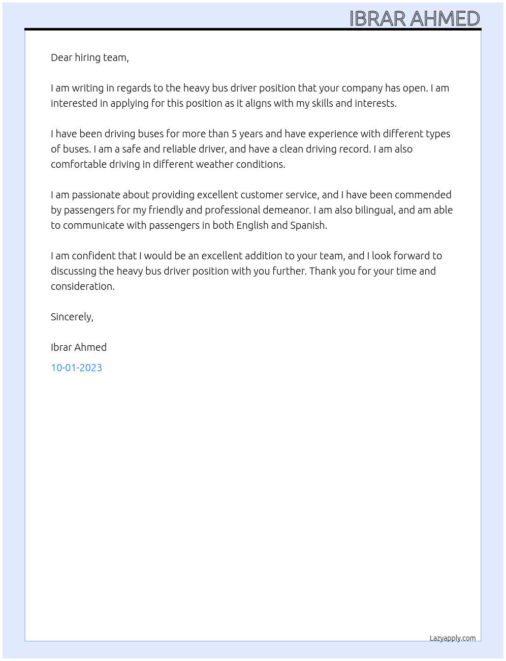 Heavy Bus driver At In your company Cover Letter