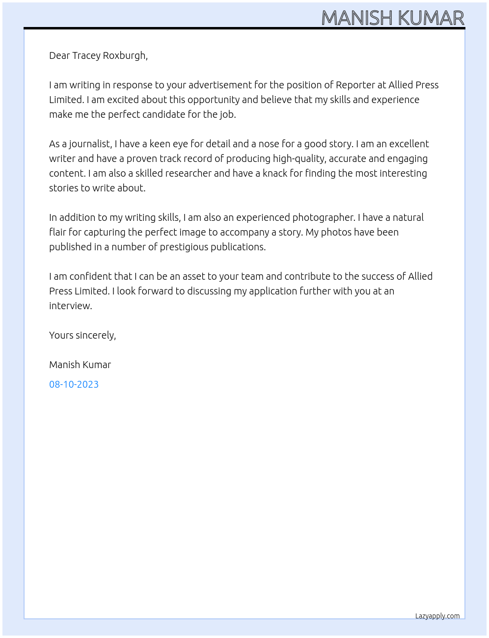 Reporter At Allied Press Limited Cover Letter