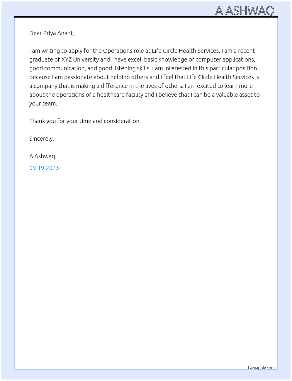 Operations  At Life Circle Health Services  Cover Letter