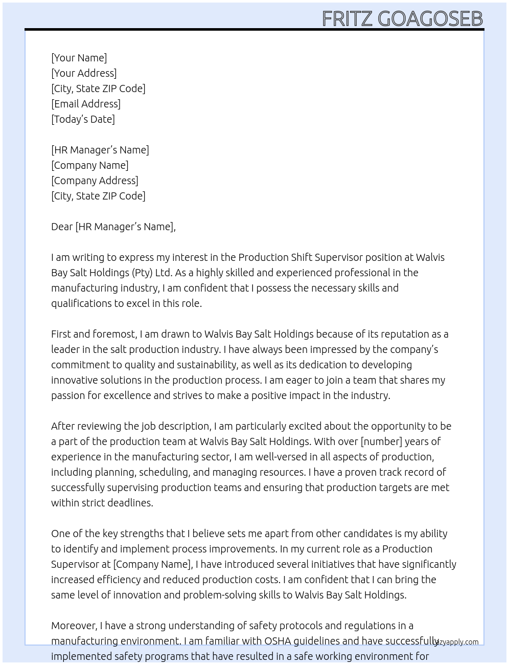 Cover letter for production shift supervisor - LazyApply