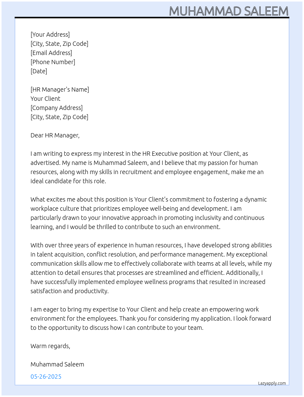 Hr executive At your client Cover Letter