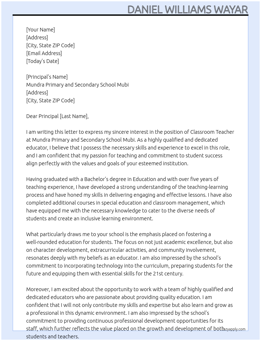 Classroom teacher At Mundra primary and secondary school mubi  Cover Letter