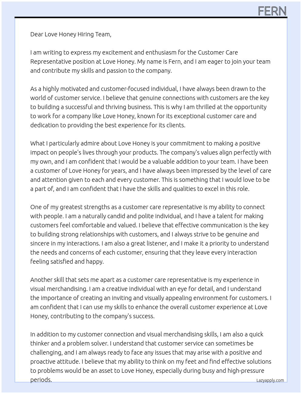 Customer Care Representative  At Love Honey Cover Letter