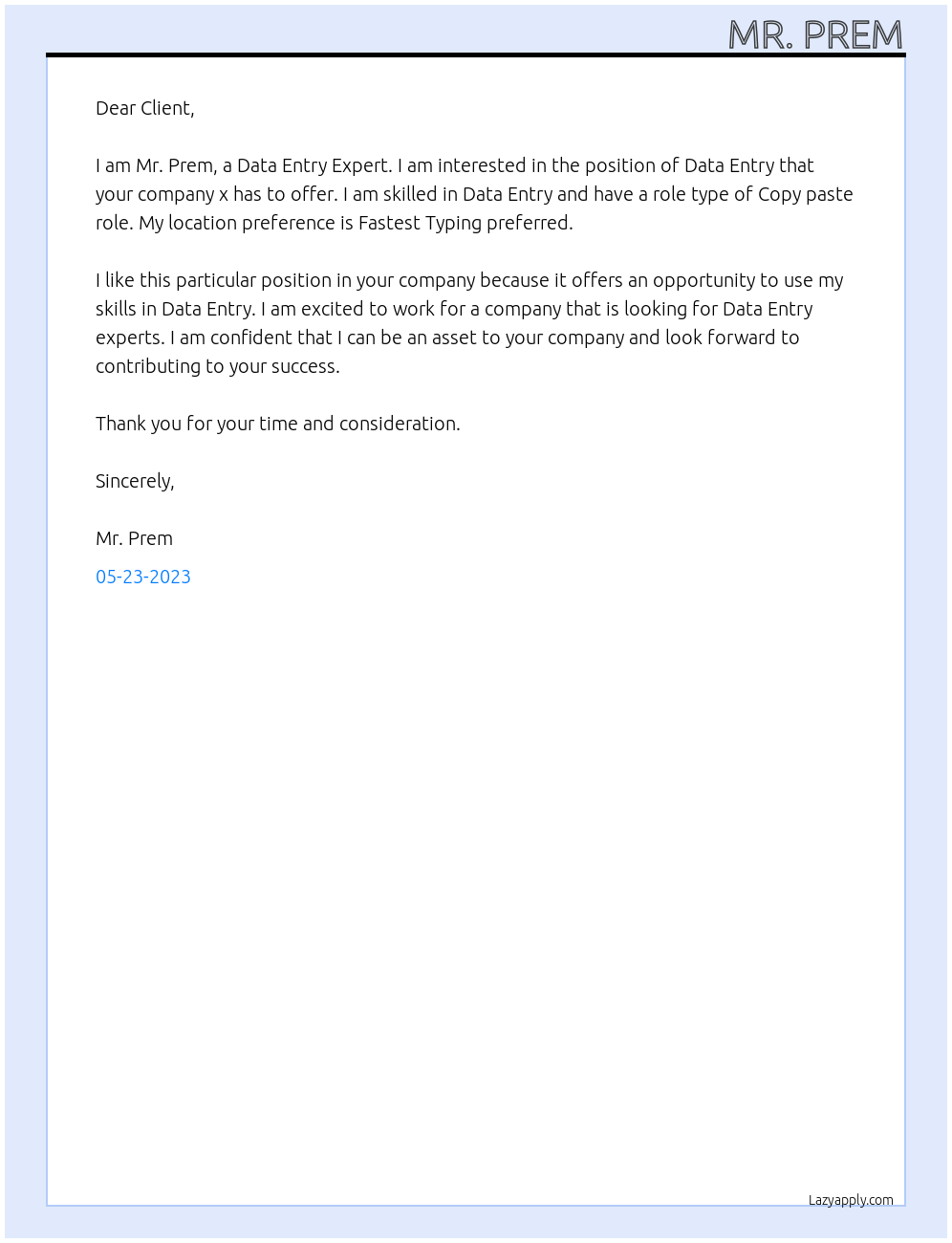 Data Entry Expert At x Cover Letter