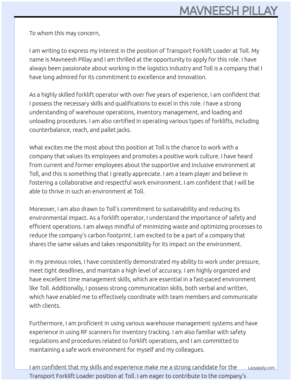 Transport Forklift Loader At Toll Cover Letter