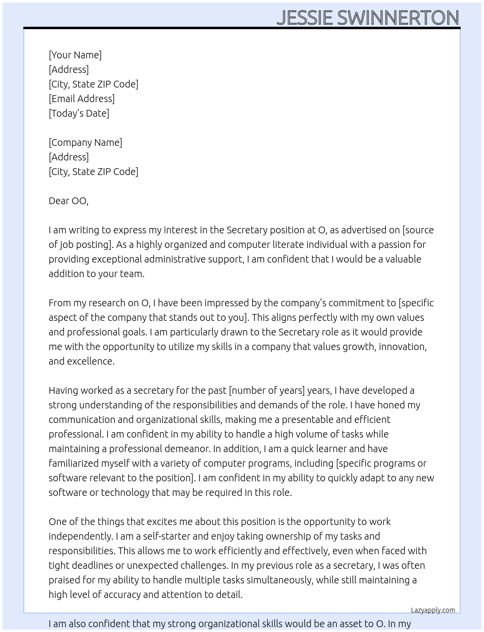 Secretary  At O Cover Letter