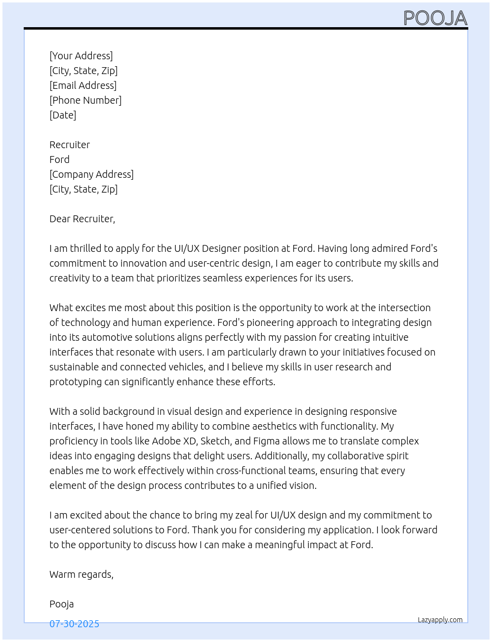UI/UX Designer At Ford Cover Letter