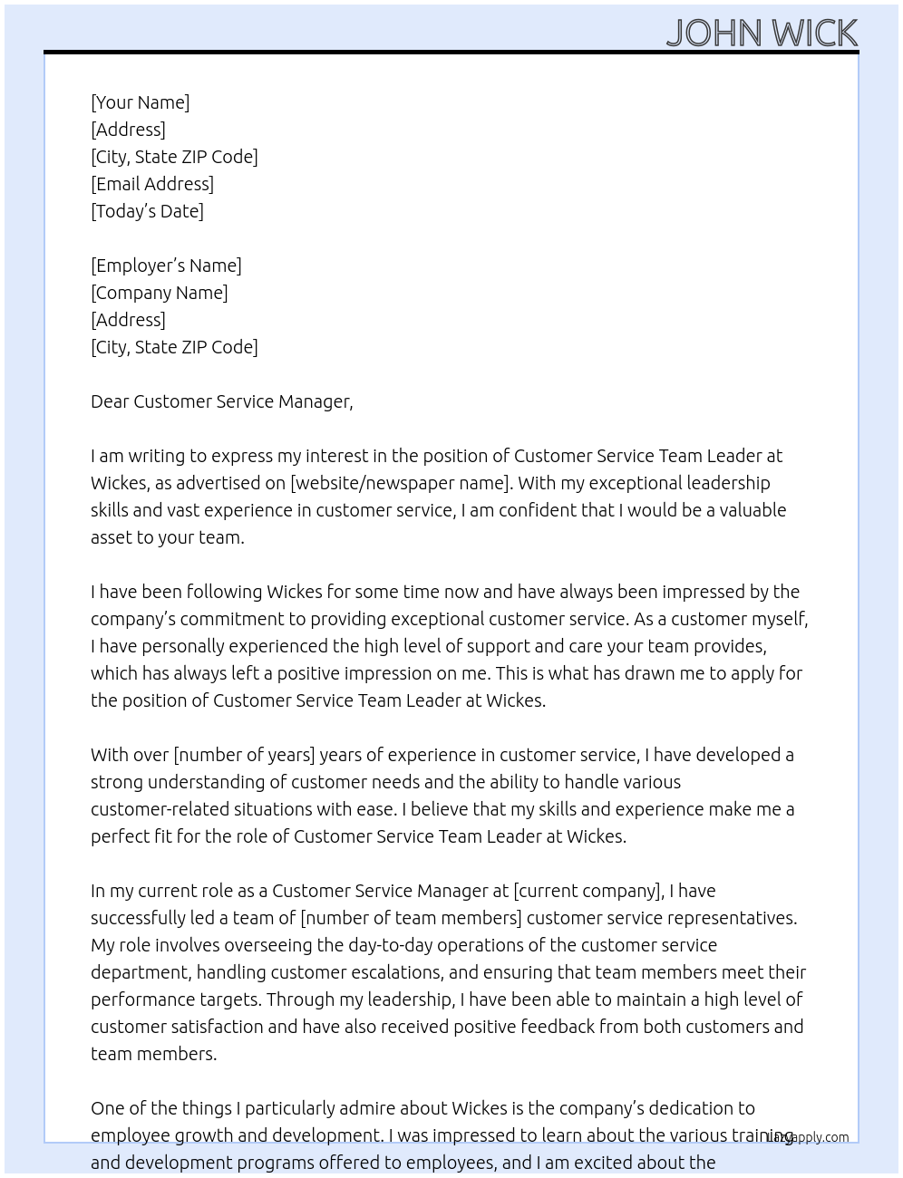 Customer service Team Leader At Wickes Cover Letter