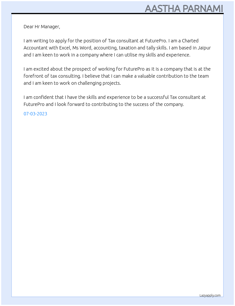 Tax consultant  At FuturePro  Cover Letter