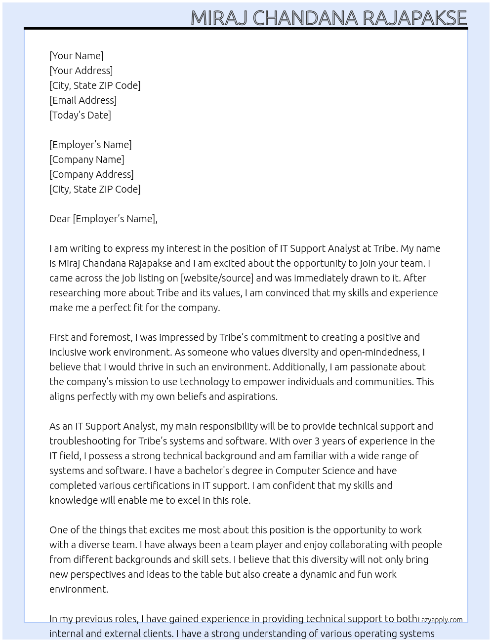 Cover letter for it support analyst - LazyApply