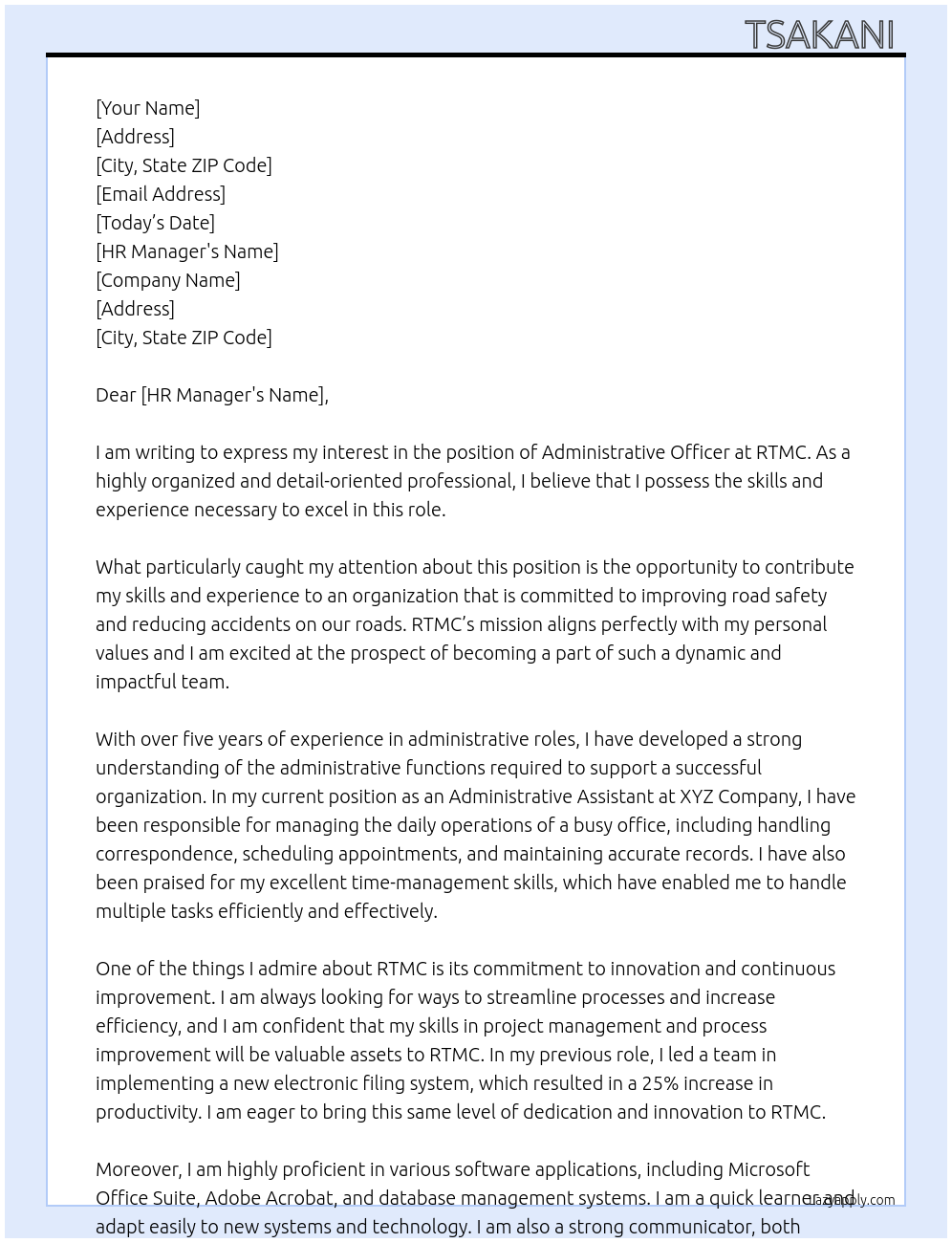 Administrative officer At RTMC Cover Letter