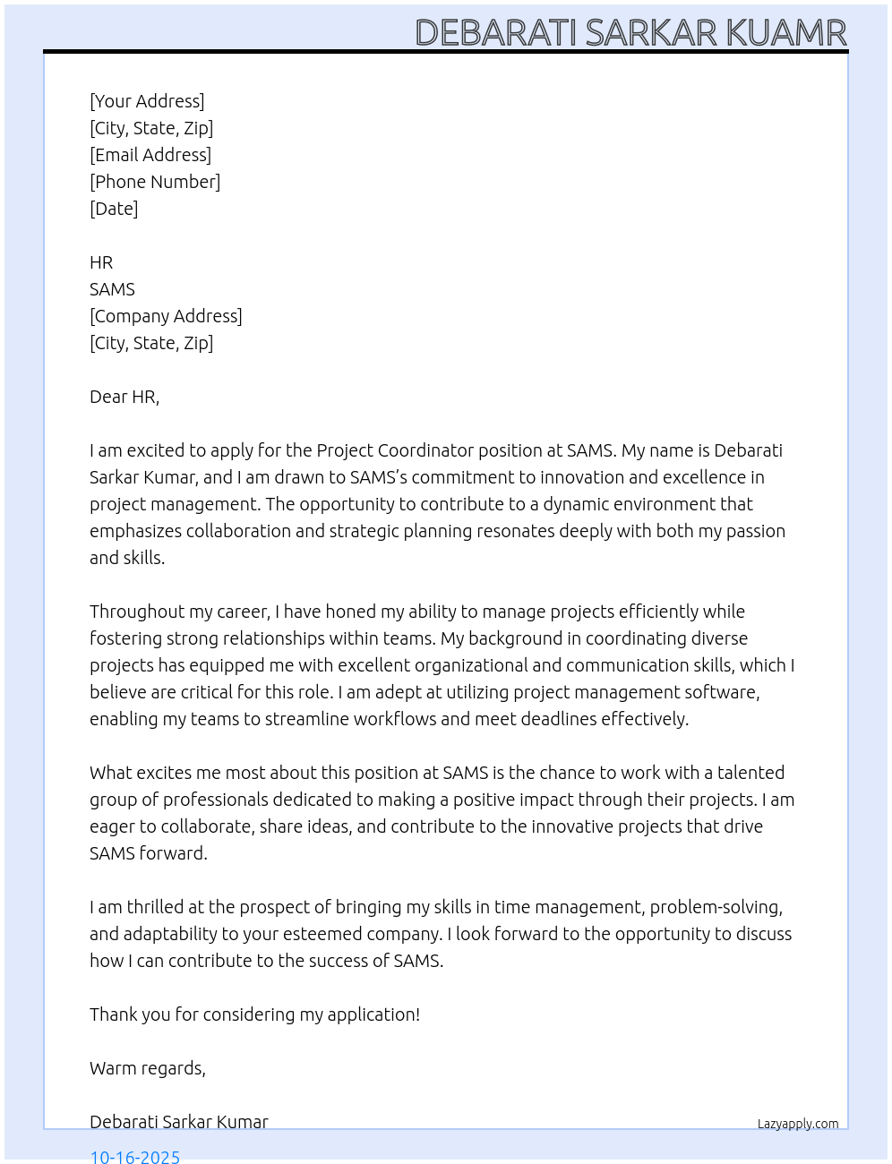 Project coordinator At SAMS Cover Letter