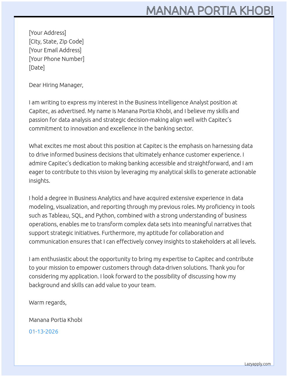 Cover letter for business intelligence analyst - LazyApply