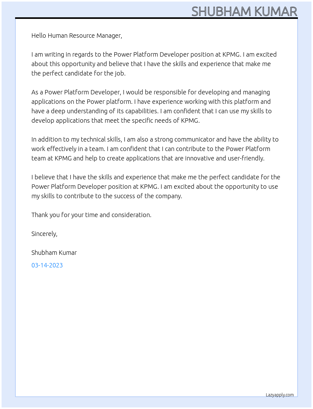 Power Platform Developer At KPMG Cover Letter
