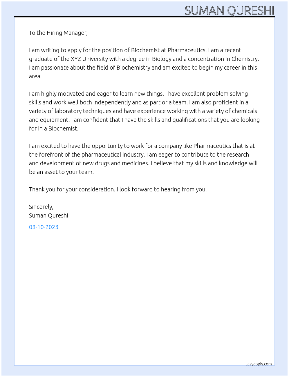 biochemist At Pharmaceutics Cover Letter