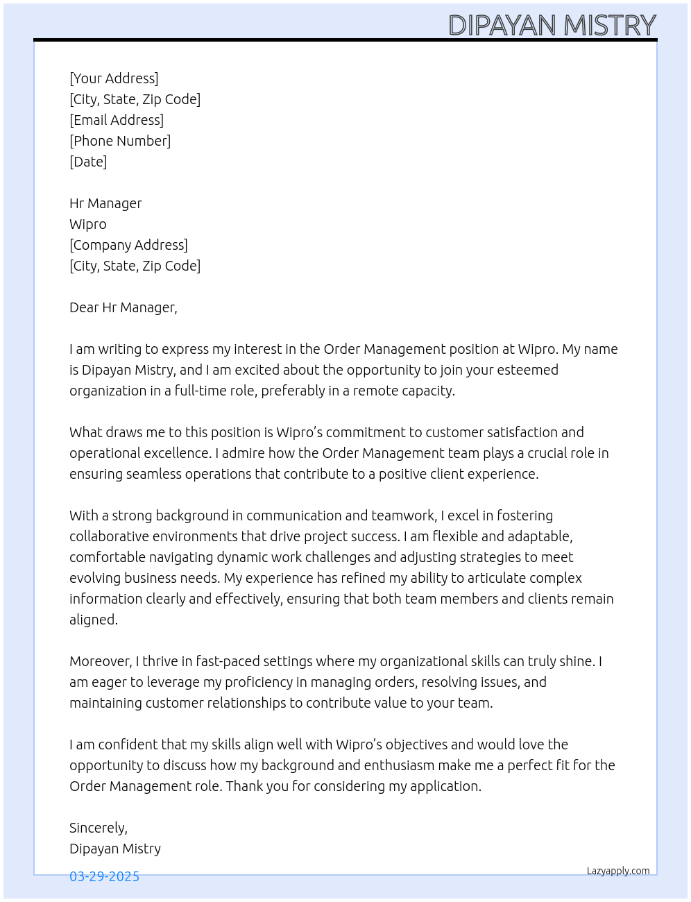 Cover letter for order management - LazyApply