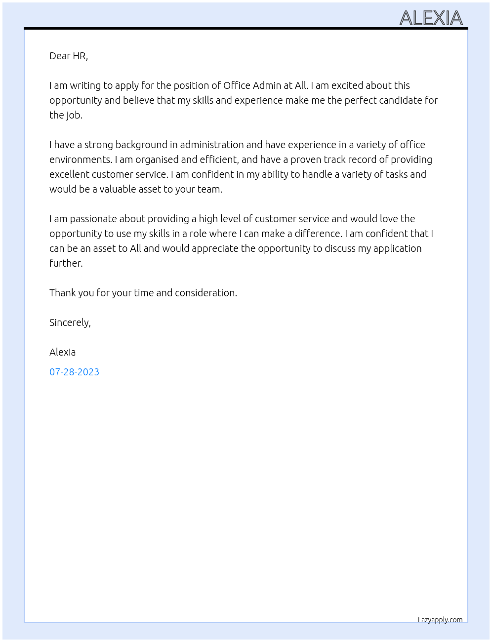 Office Admin At All Cover Letter