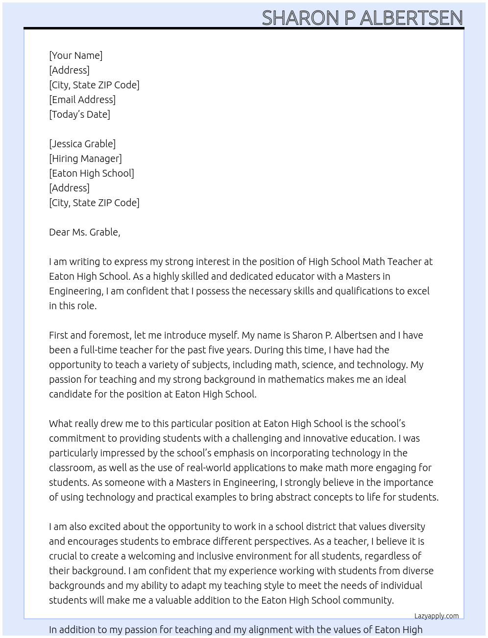 High School math teacher At Eaton High School Cover Letter
