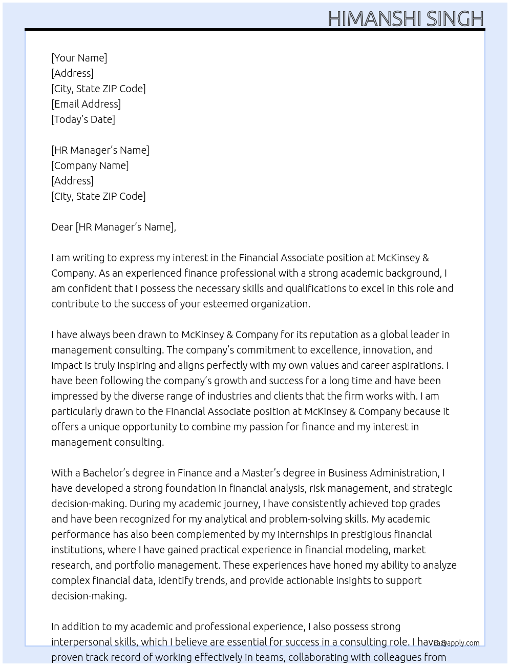 Financial Associate At McKinsey & Company Cover Letter