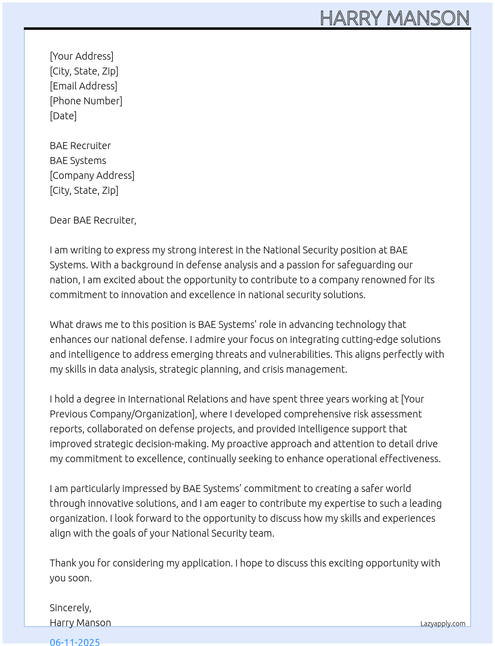 National Security career At BAE Systems  Cover Letter