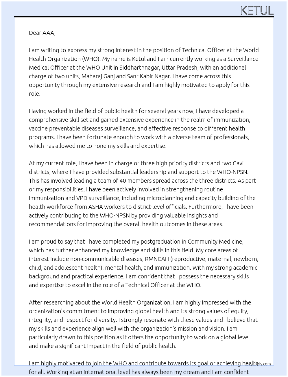 Technical officer At World Health Organizatio Cover Letter