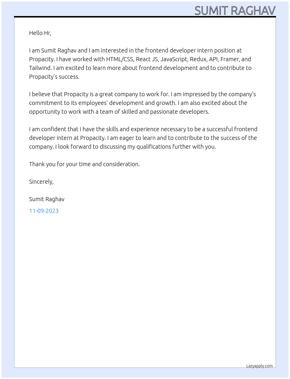 Frontend developer intern  At Propacity Cover Letter