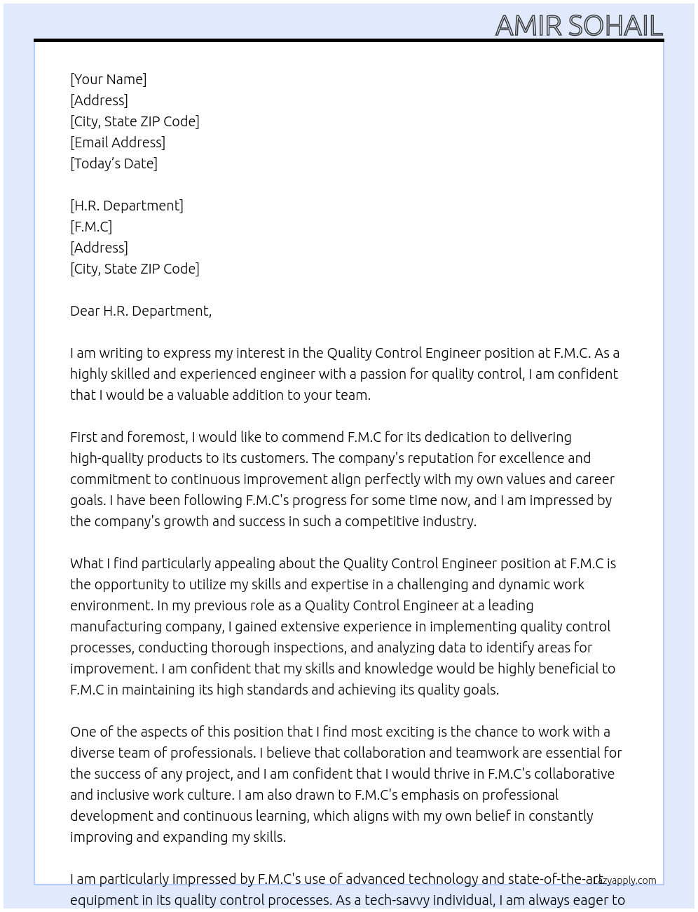 QUALITY CONTROL ENGINEER At F.M.C Cover Letter