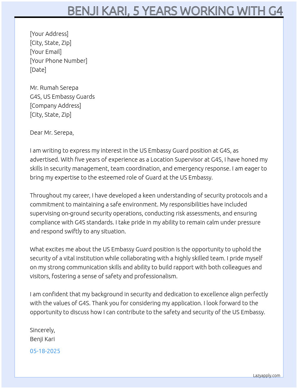 US Embassy Guard  At G4S _US Embassy Guards  Cover Letter