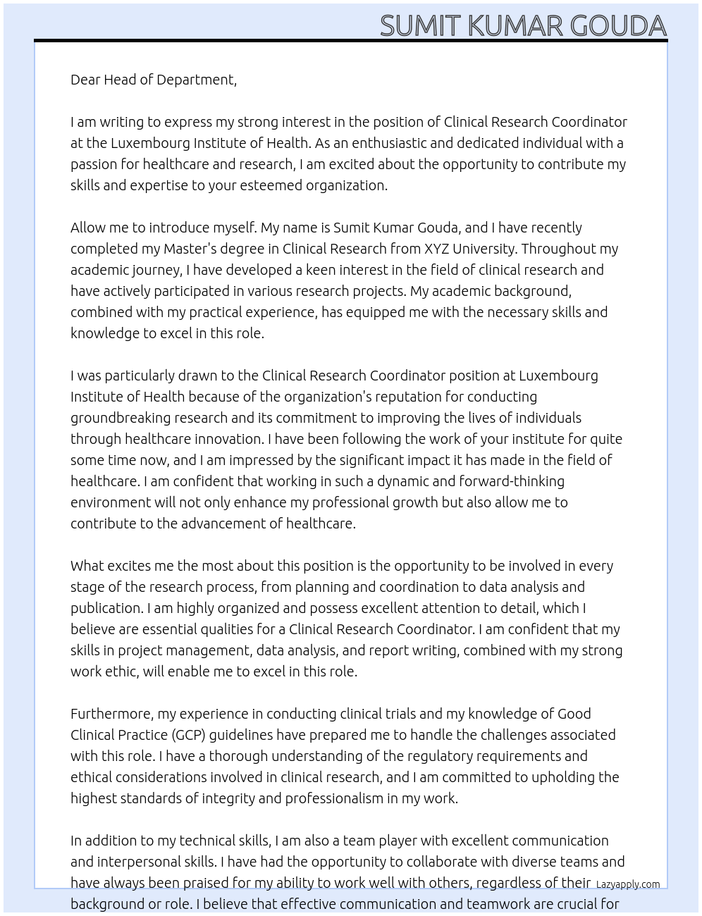 CLINICAL RESEARCH COORDINATOR At Luxembourg Institute of Health Cover Letter