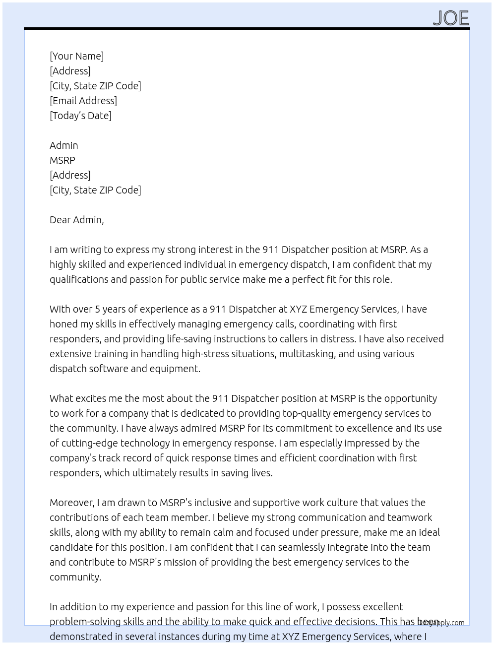 Cover letter for 911 dispatcher - LazyApply