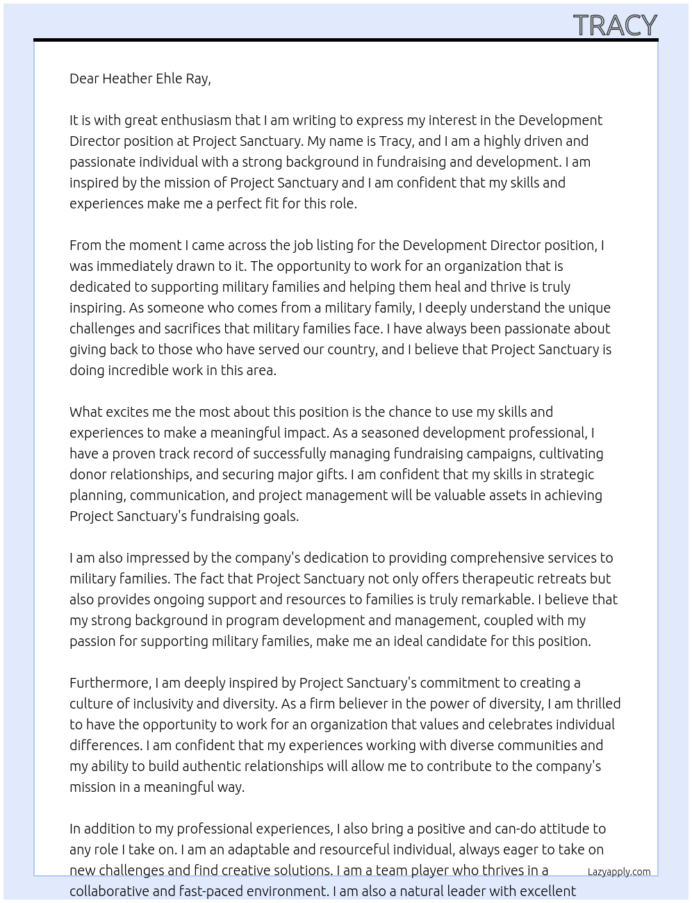 Development Director At Project Sanctuary Cover Letter