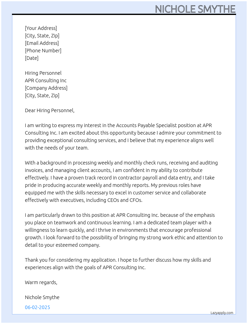 Cover letter for accounts payable specialist - LazyApply