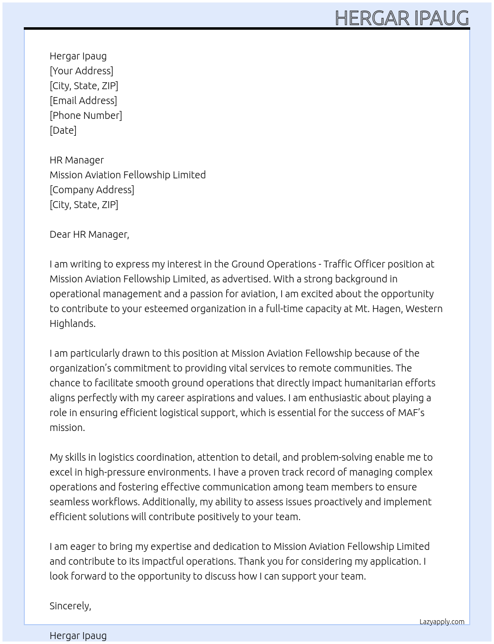 Ground Operations -Traffic Officer At Mission Aviation Fellowship Limited Cover Letter