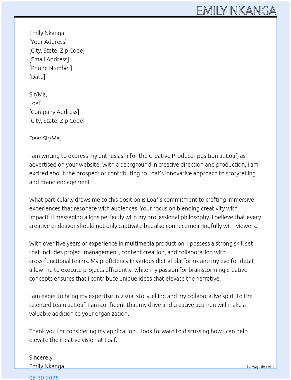 Cover letter for creative producer - LazyApply