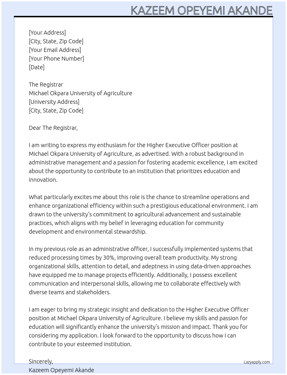 Higher Executive Officer At Michael Okpara University of Agriculture Cover Letter