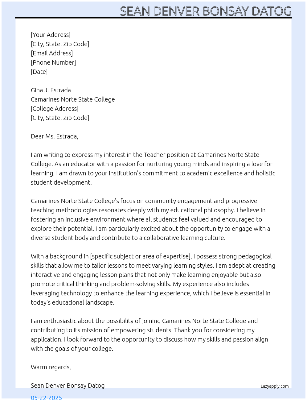 Teacher At Camarines Norte State College Cover Letter