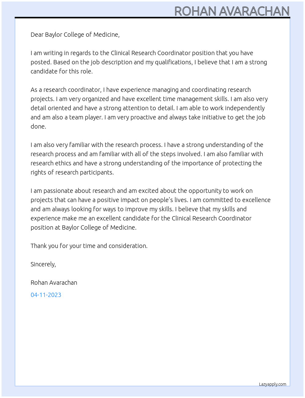 Clinical Research Coordinator At Baylor College of Medicine Cover Letter