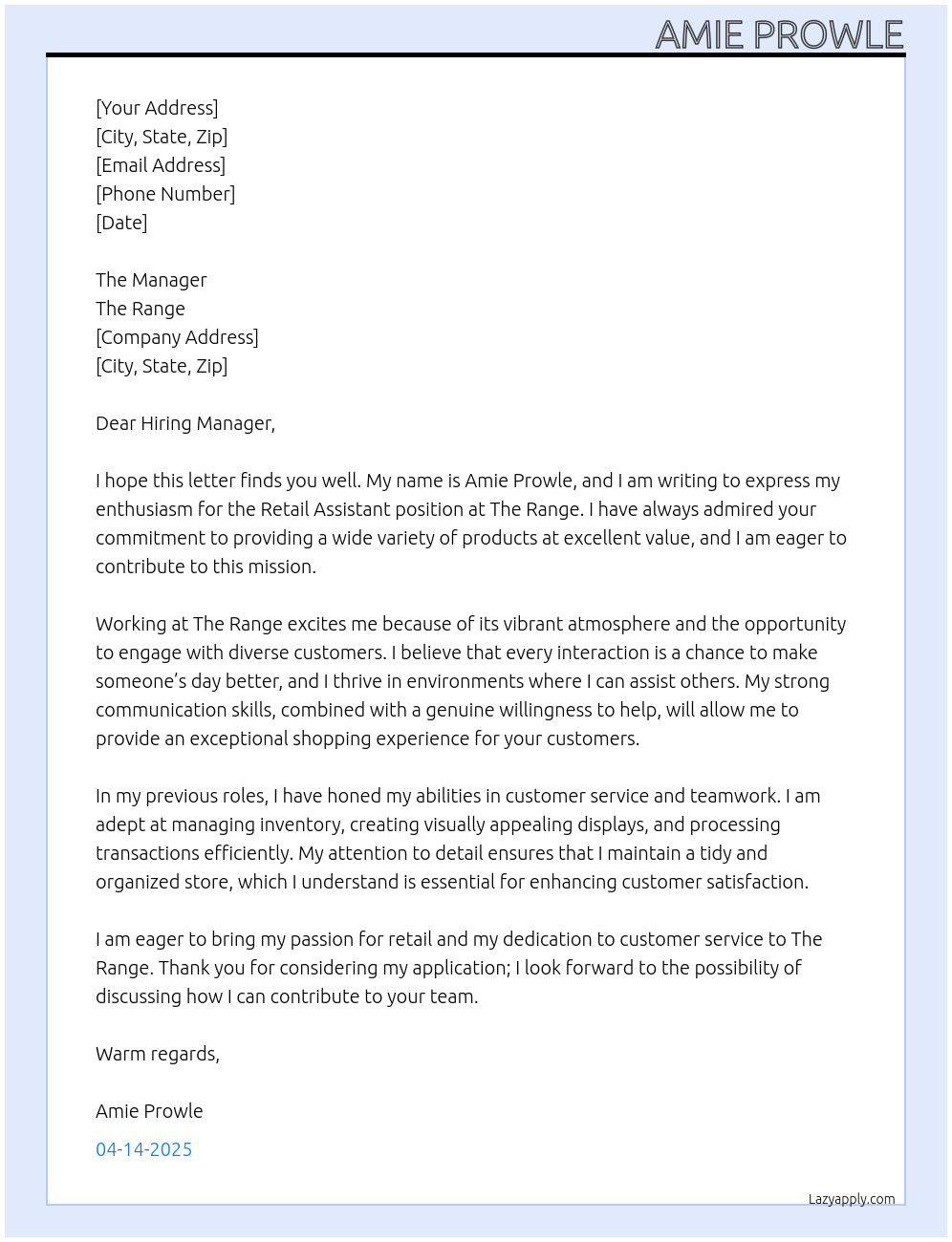 retail assistant At The Range Cover Letter