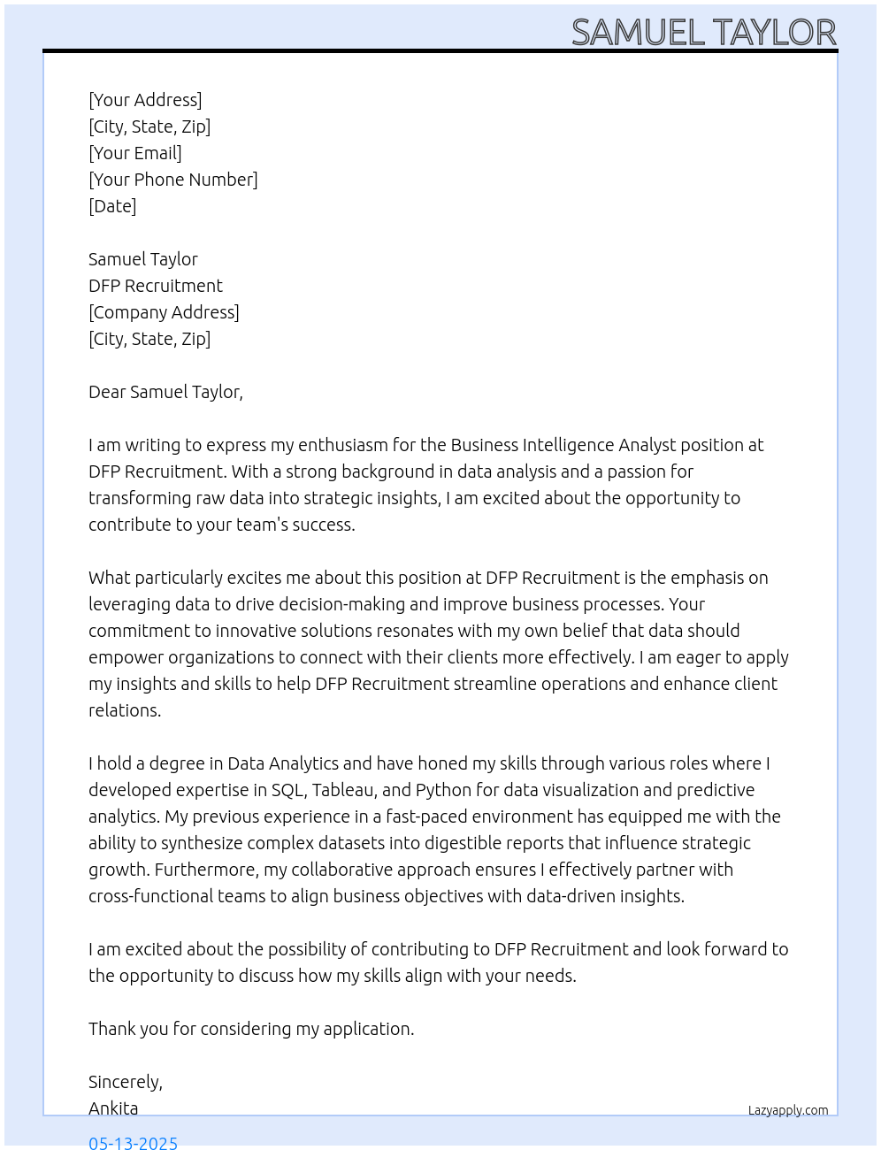 Cover letter for business intelligence analyst - LazyApply